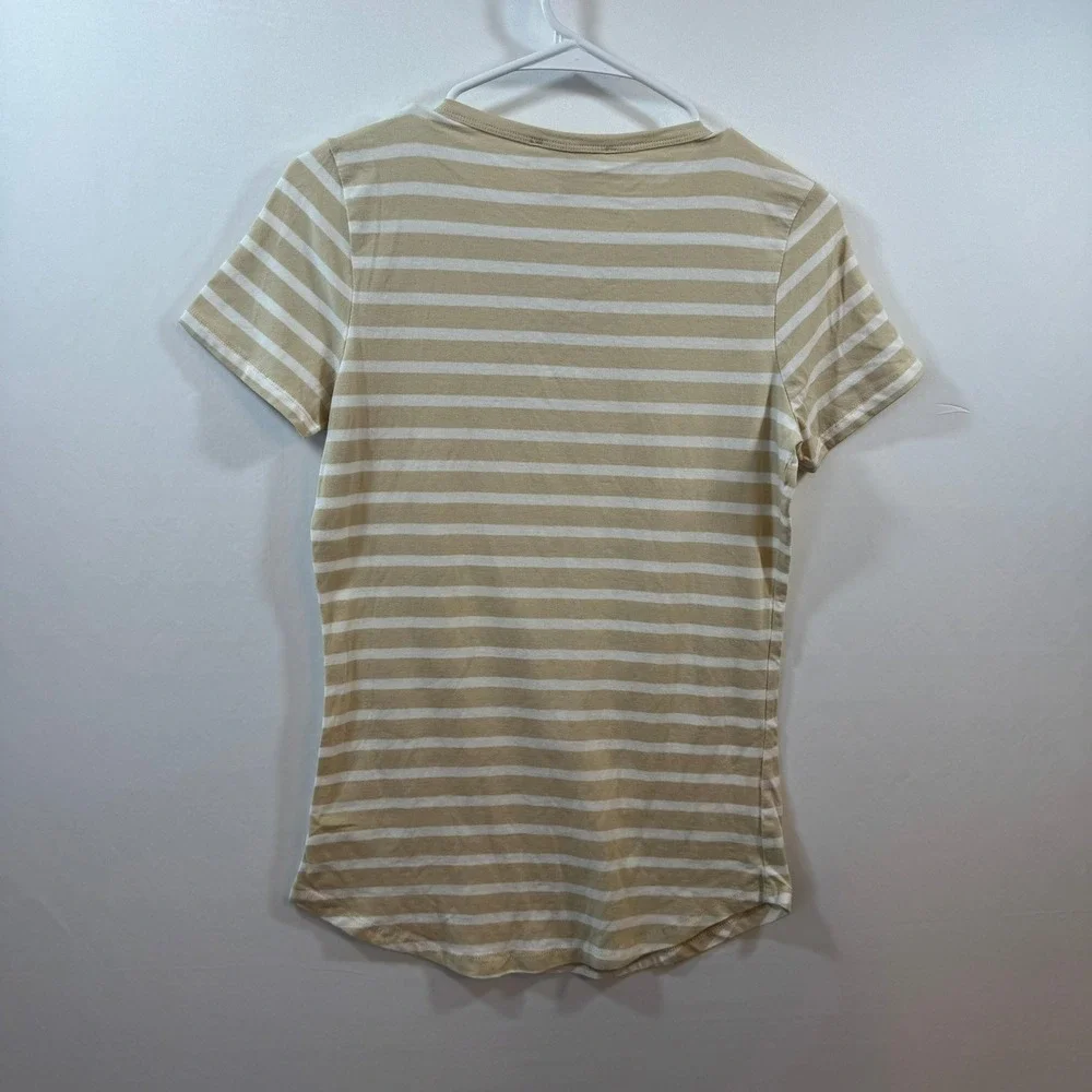 Michael Kors Womens Striped Zipper Shoulder T-Shirt Tan White Small NEW